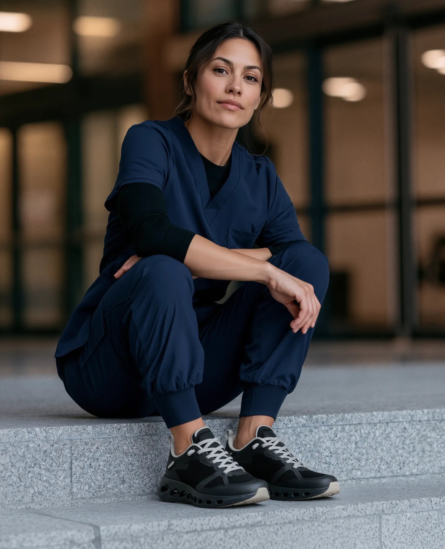 A nurse resting on a step wearing Lumis