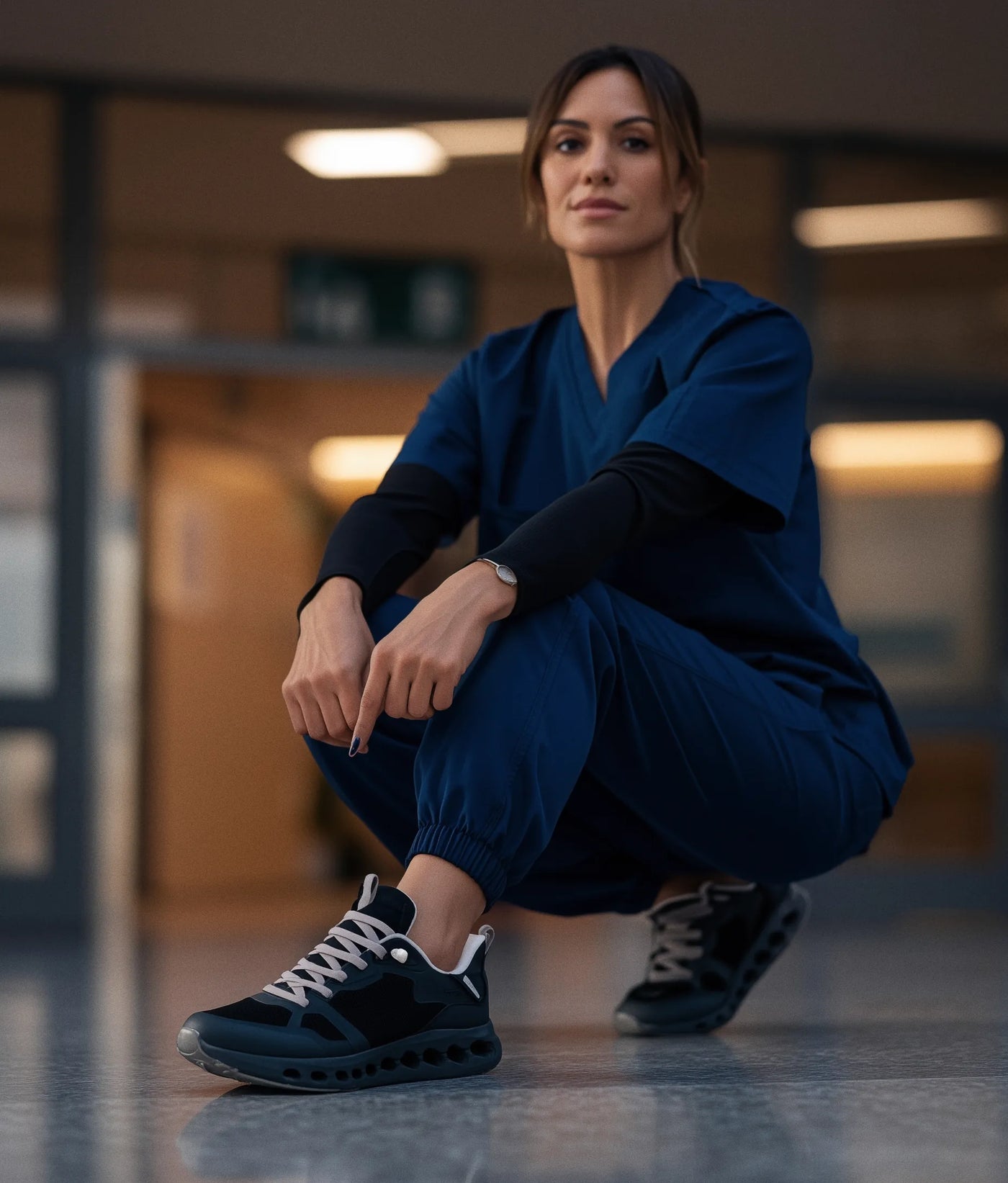 A woman in navy blue medical scrubs crouches in a hallway, wearing black and navy athletic sneakers with white laces.