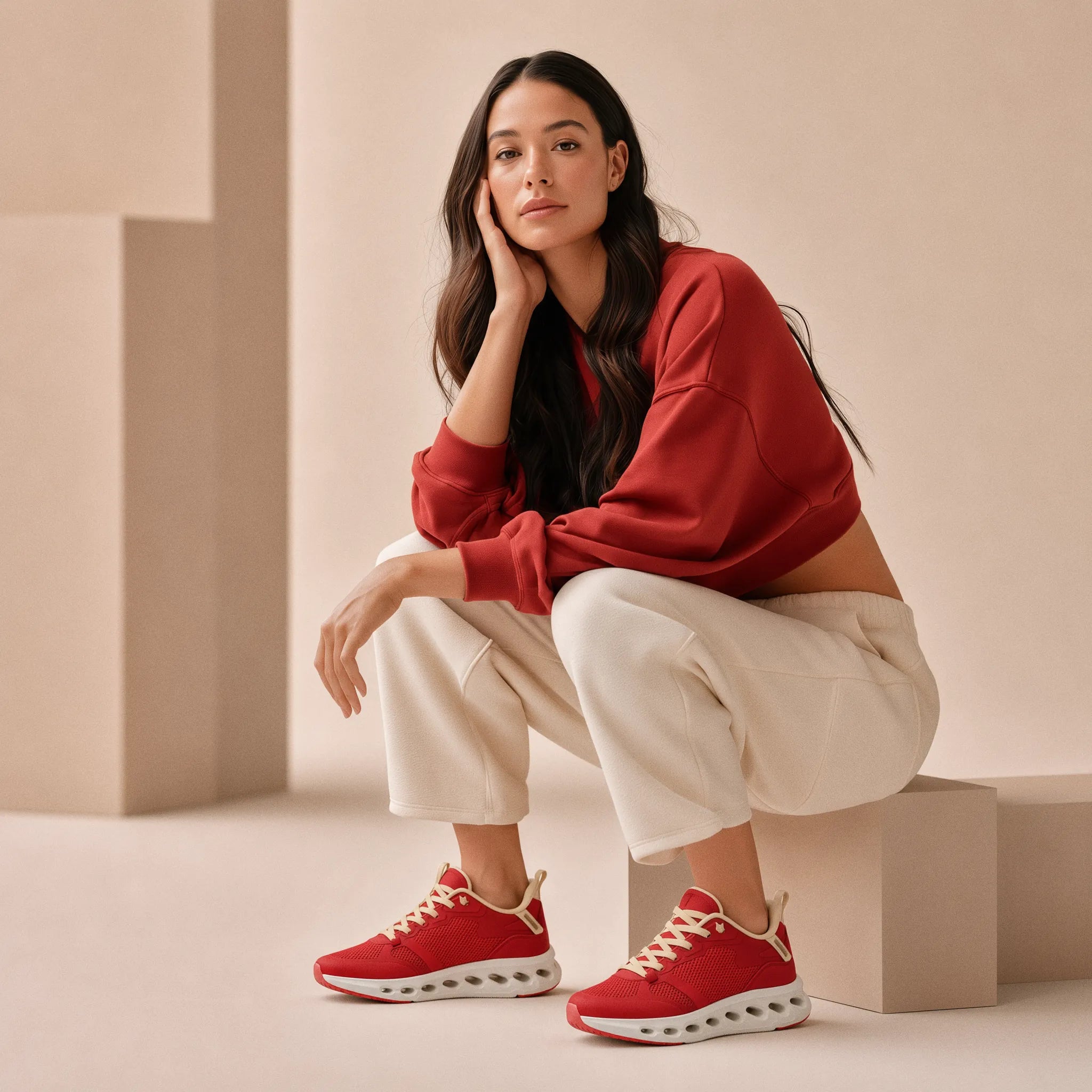 A woman sits on a geometric concrete block wearing a red cropped sweatshirt, cream cropped pants, and red sneakers with cream laces in a minimalist studio setting.