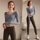 Omega Walk Women's Crop Workout Top and Trousers Set - Omega Walk - YG-LSM010-Bluish-Gray-Dark-Brown-S