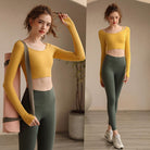 Omega Walk Women's Crop Workout Top and Trousers Set - Omega Walk - YG-LSM010-Yellow-Dark-Green-S